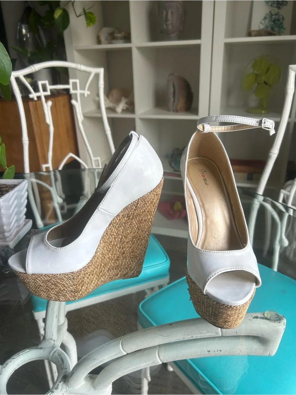 JustFab White Espadrille Wedge Peep-Toe with Ankle Strap